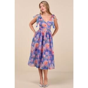 NWT Lulus Flowering Day Dream Purple Floral Organza Midi Bubble Dress Size XXL